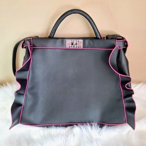 Black and Pink Ruffled Faux Leather Bag